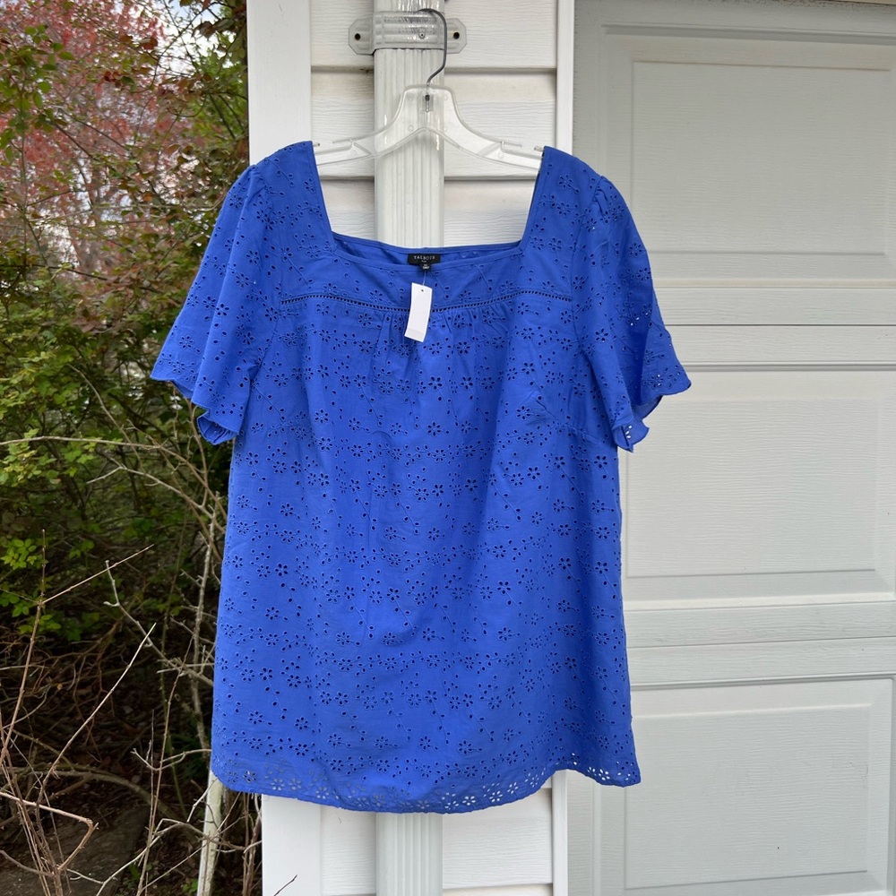 NWT Talbots Pretty Royal Blue Eyelet Square Neck Lined Short Sleeve Blouse